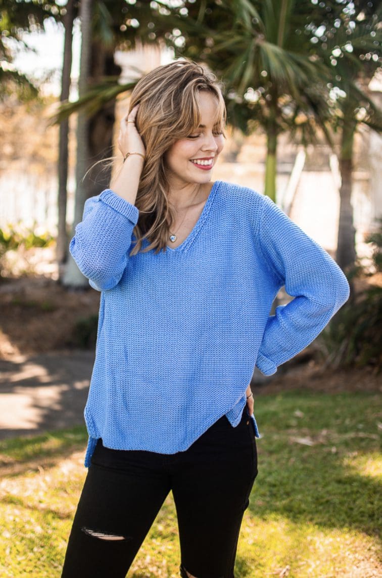 Valerie V Neck Knit - Cornflour Blue