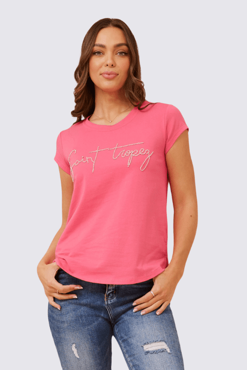 St Tropez Embellished Tee - Fuchsia