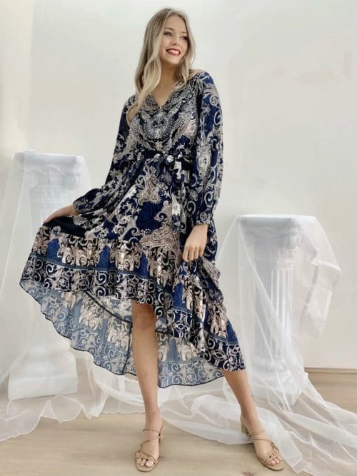 Jewelled High-Low Dress - Navy