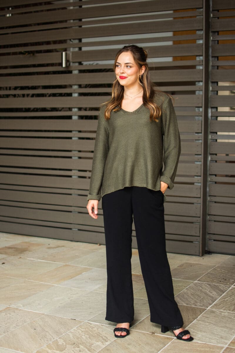 Valerie V Neck Knit – Khaki - Image 3