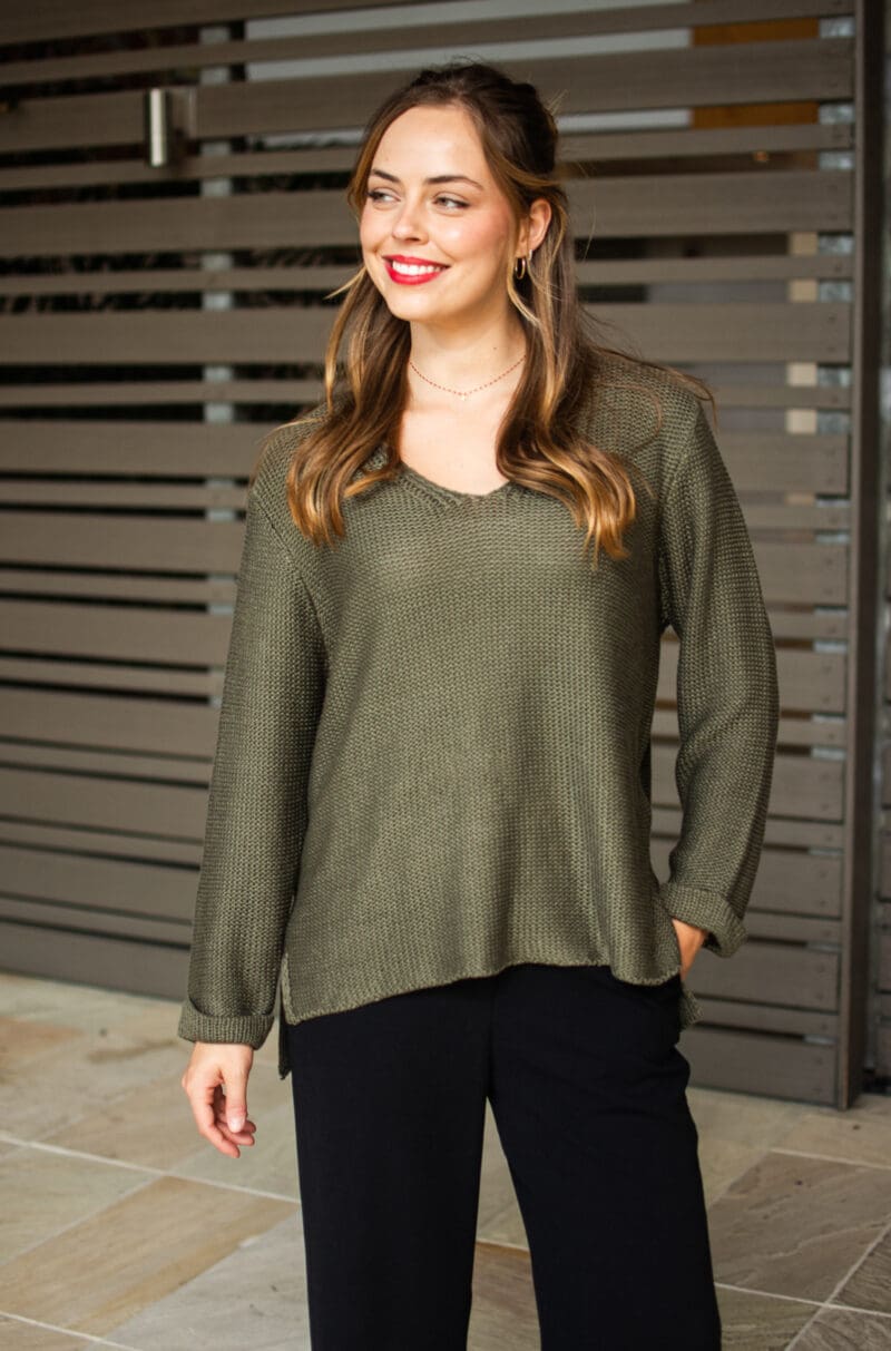 Valerie V Neck Knit – Khaki - Image 2