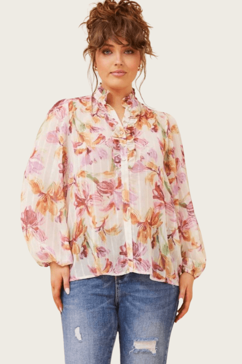 Clare Frill Blouse - White Floral