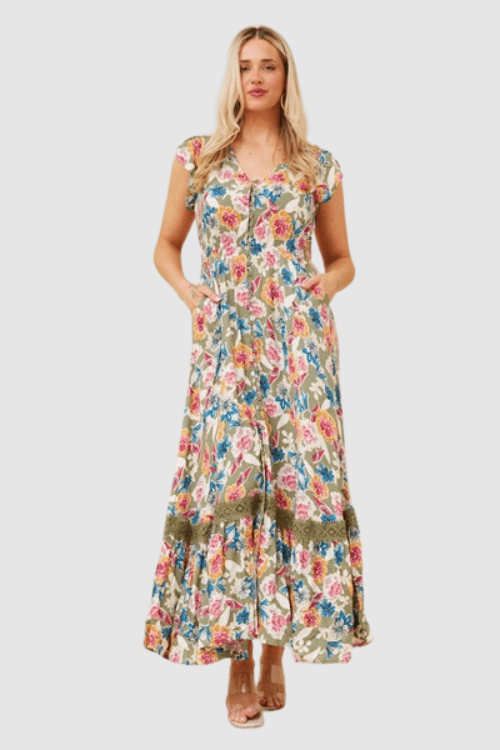 Morocco Floral Dress - Khaki