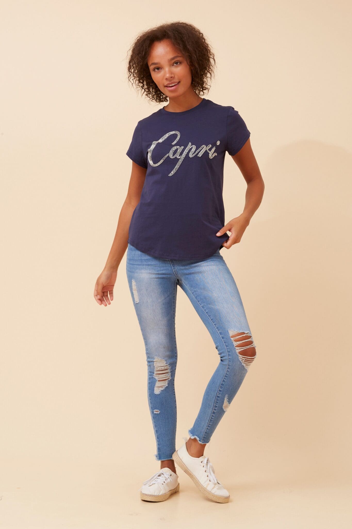 Capri Beaded Tee - Navy - Image 2
