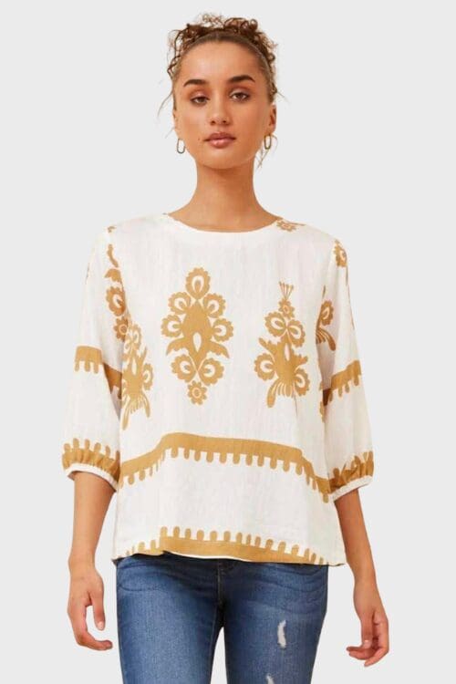 Priya Boho Blouse - White & Beige