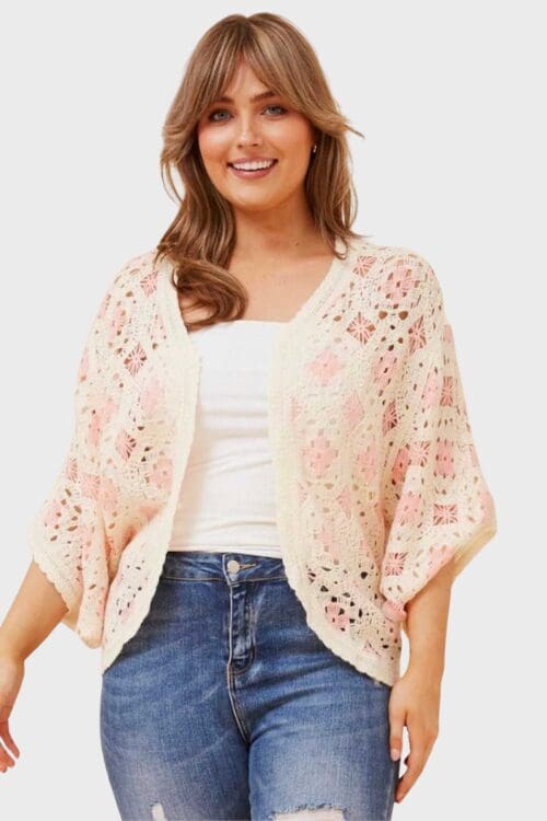 Kaylee Crochet Cardigan - White/Pink